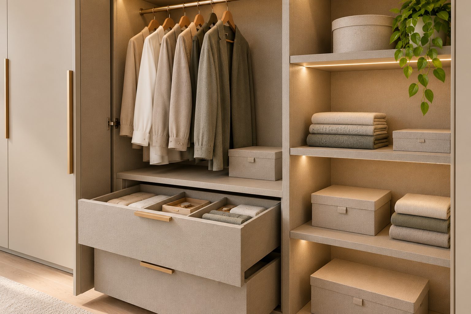Warm Minimalist Walk-In Wardrobe