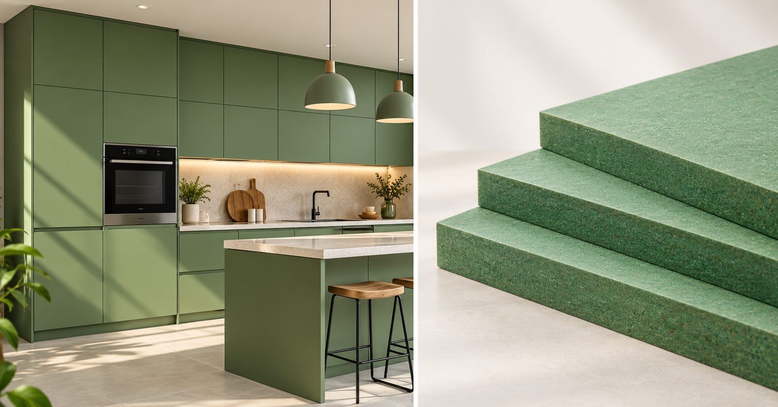 Sage Green Kitchen and Composite Board Stack