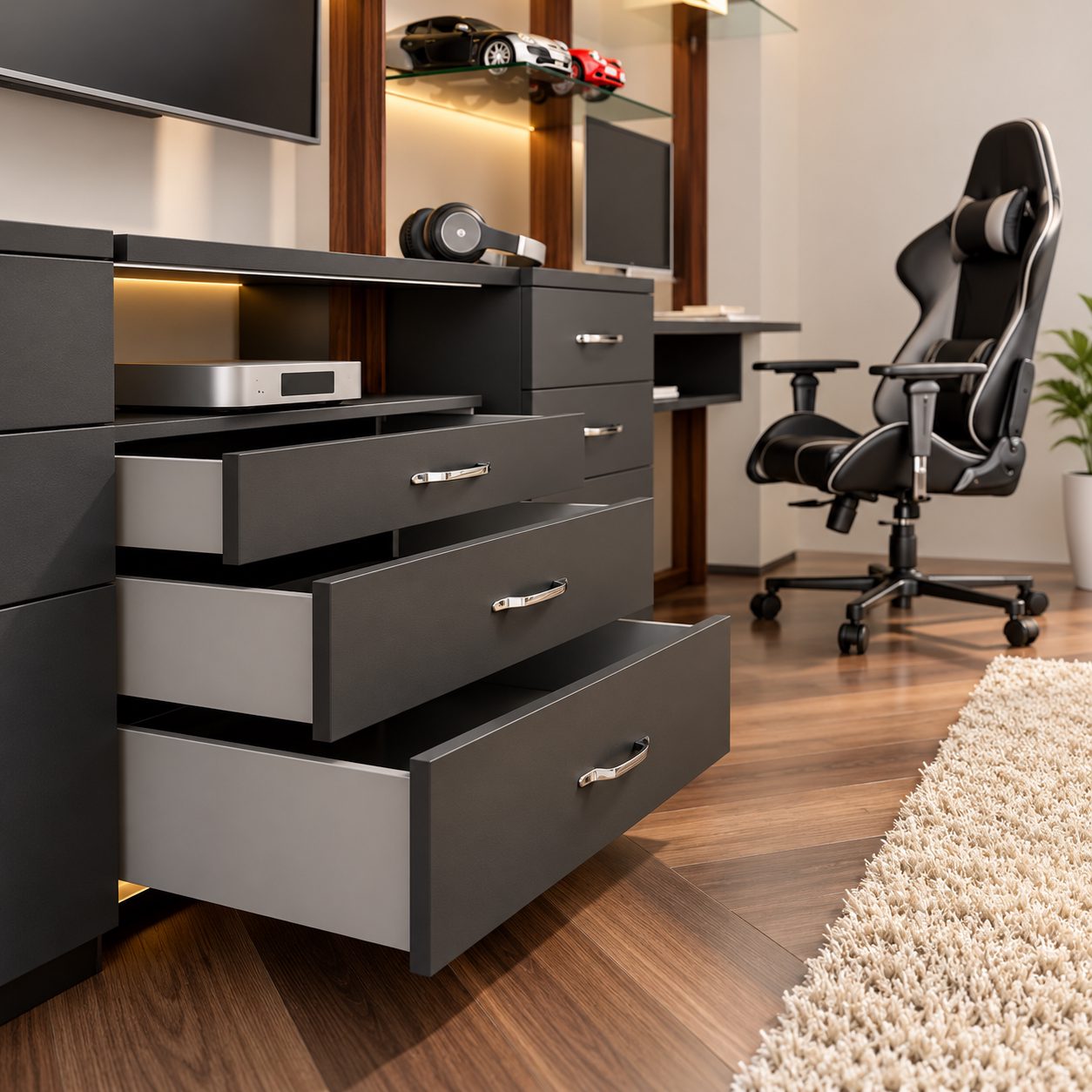 Modern Charcoal Office with Open Drawers